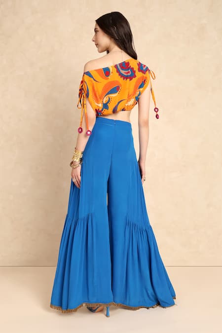 Shop_Style Junkiie_Blue Crepe Plain Flared Gharara Pant _at_Aza_Fashions