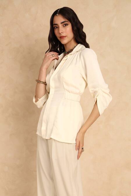 Buy_Style Junkiie_Cream Satin, Crepe Collared Backless Shirt _Online_at_Aza_Fashions