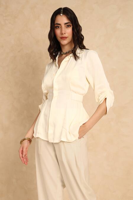 Shop_Style Junkiie_Cream Satin, Crepe Collared Backless Shirt _Online_at_Aza_Fashions