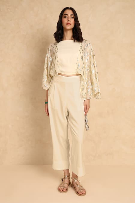 Style Junkiie_Cream Heavy Georgette Draped High Rise Pant _Online_at_Aza_Fashions