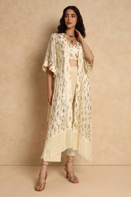 Style Junkiie_Cream Self Embroidered Fringe Duster Cape _Online_at_Aza_Fashions