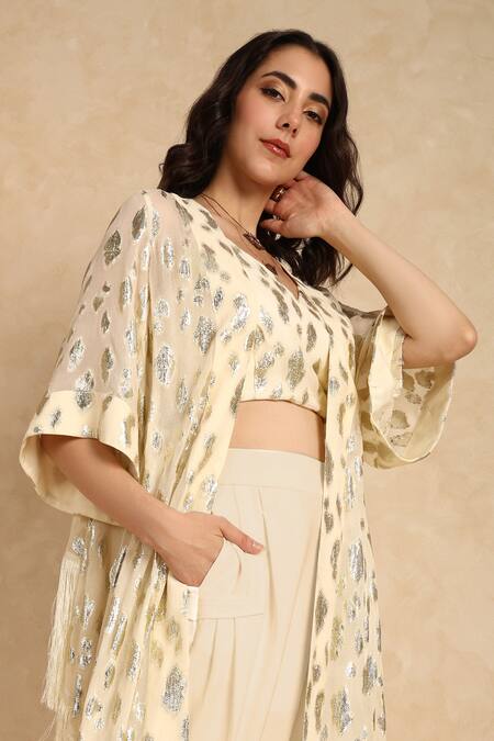 Buy_Style Junkiie_Cream Self Embroidered Fringe Duster Cape _Online_at_Aza_Fashions