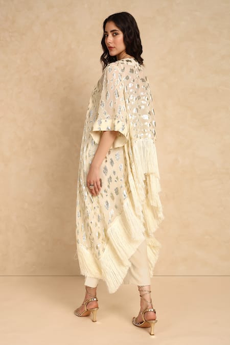 Shop_Style Junkiie_Cream Self Embroidered Fringe Duster Cape _at_Aza_Fashions