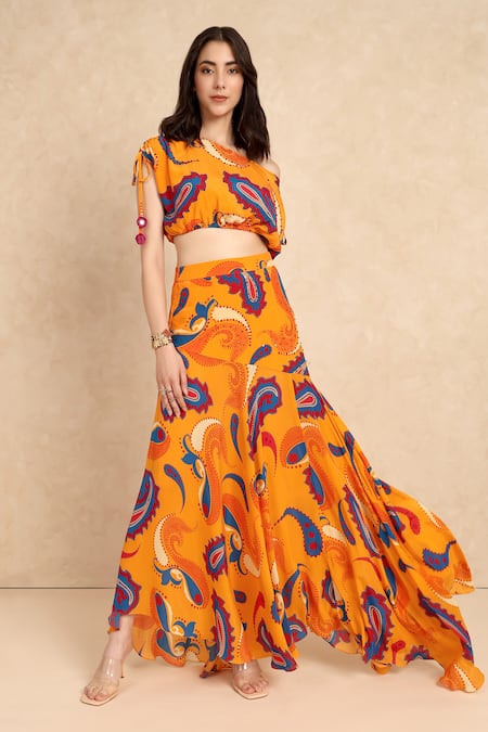 Style Junkiie_Yellow Crepe Embroidery Paisley Pattern Skirt _Online_at_Aza_Fashions
