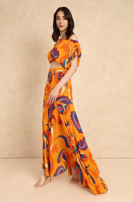 Shop_Style Junkiie_Yellow Crepe Embroidery Paisley Pattern Skirt _Online_at_Aza_Fashions