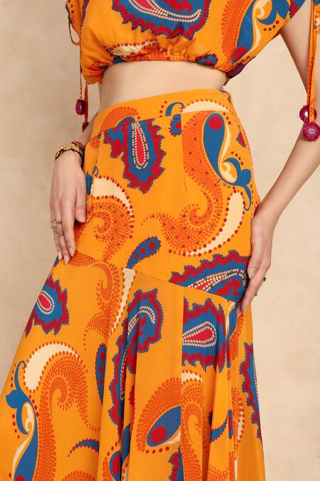 Style Junkiie_Yellow Crepe Embroidery Paisley Pattern Skirt _at_Aza_Fashions