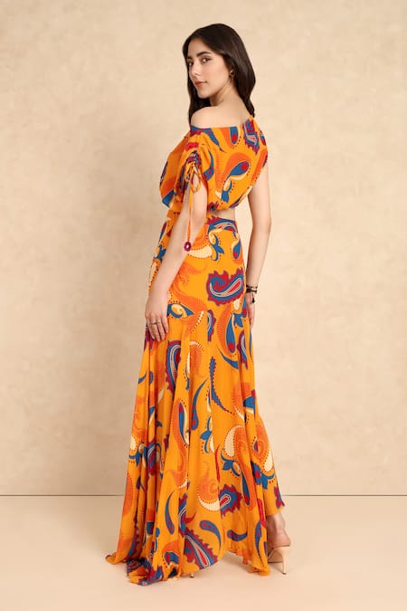 Shop_Style Junkiie_Yellow Crepe Embroidery Paisley Pattern Skirt _at_Aza_Fashions