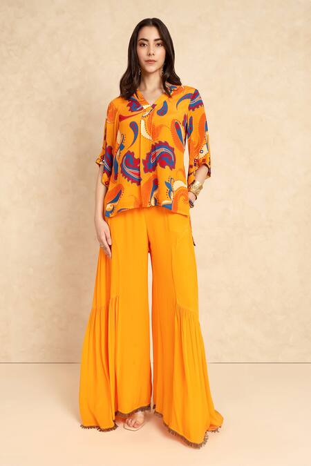 Buy_Style Junkiie_Yellow Crepe Beads Solid Gharara _Online_at_Aza_Fashions