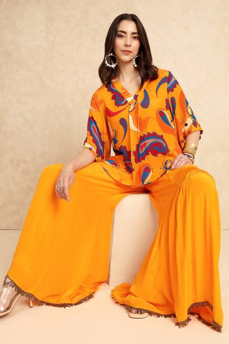 Shop_Style Junkiie_Yellow Crepe Beads Solid Gharara _Online_at_Aza_Fashions