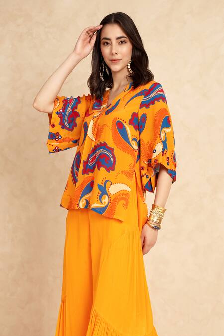 Style Junkiie Yellow Crepe V-neck Paisley Pattern Short Tunic Online at Aza Fashions Style Junkiie_Yellow Crepe V-neck Paisley Pattern Short Tunic _Online_at_Aza_Fashions