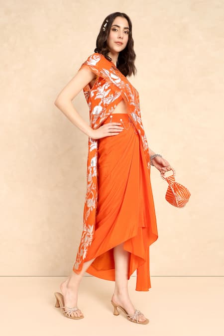 Style Junkiie_Orange Crepe Mirrors Draped Solid Skirt _Online_at_Aza_Fashions