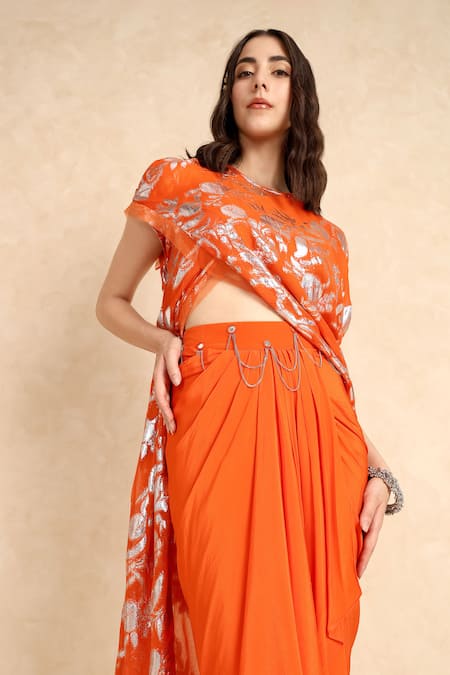 Buy_Style Junkiie_Orange Crepe Mirrors Draped Solid Skirt _Online_at_Aza_Fashions