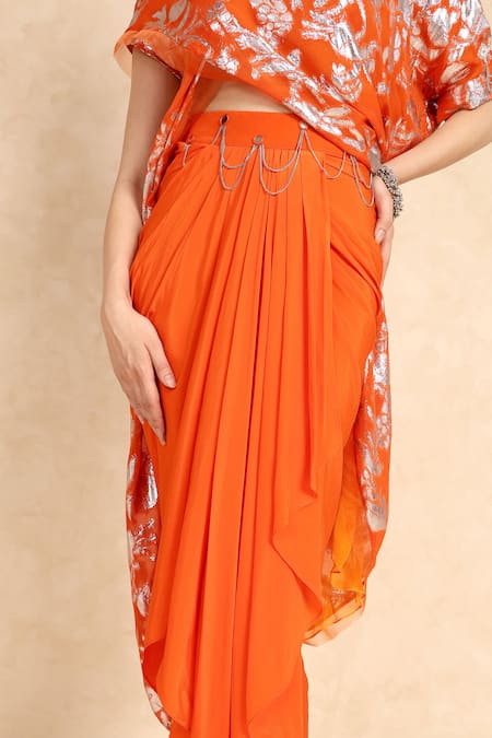 Shop_Style Junkiie_Orange Crepe Mirrors Draped Solid Skirt _Online_at_Aza_Fashions