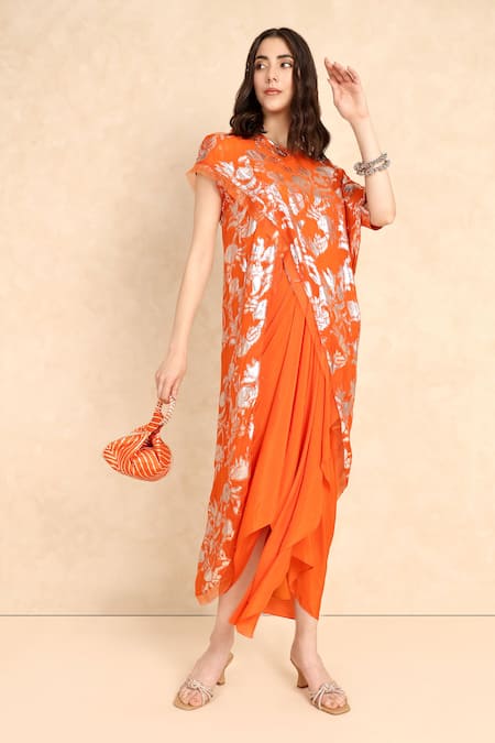 Shop_Style Junkiie_Orange Crepe Mirrors Draped Solid Skirt _at_Aza_Fashions