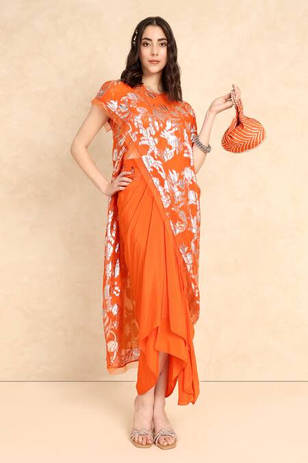 Style Junkiie Orange Georgette Round Neck Metallic Pattern Overlap Tunic Online at Aza Fashions Style Junkiie_Orange Georgette Round Neck Metallic Pattern Overlap Tunic _Online_at_Aza_Fashions