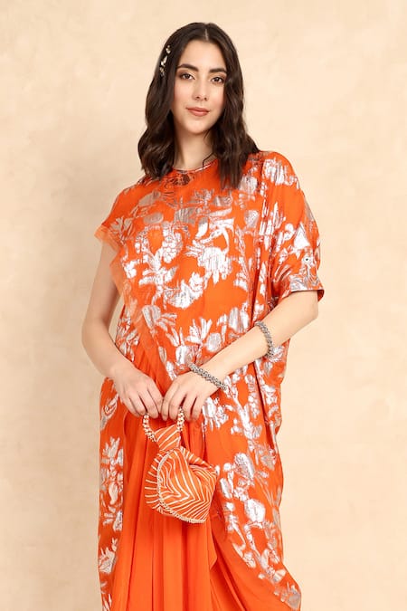Buy Style Junkiie Orange Georgette Round Neck Metallic Pattern Overlap Tunic Online at Aza Fashions Buy_Style Junkiie_Orange Georgette Round Neck Metallic Pattern Overlap Tunic _Online_at_Aza_Fashions