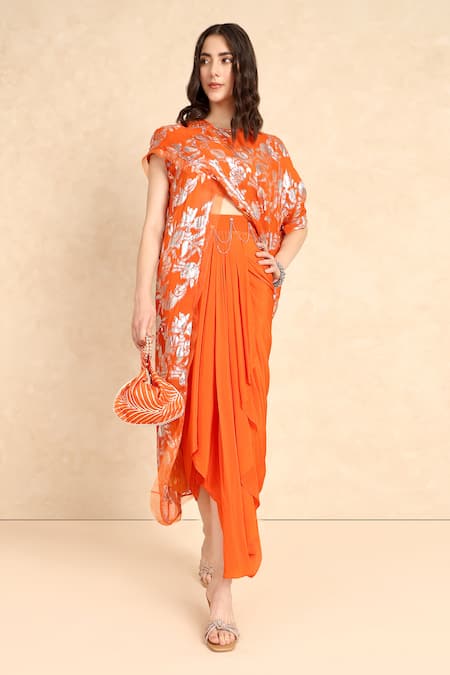 Shop Style Junkiie Orange Georgette Round Neck Metallic Pattern Overlap Tunic Online at Aza Fashions Shop_Style Junkiie_Orange Georgette Round Neck Metallic Pattern Overlap Tunic _Online_at_Aza_Fashions