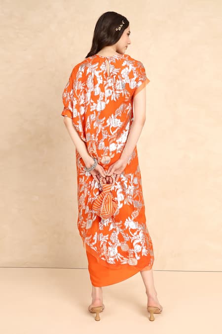 Shop Style Junkiie Orange Georgette Round Neck Metallic Pattern Overlap Tunic at Aza Fashions Shop_Style Junkiie_Orange Georgette Round Neck Metallic Pattern Overlap Tunic _at_Aza_Fashions