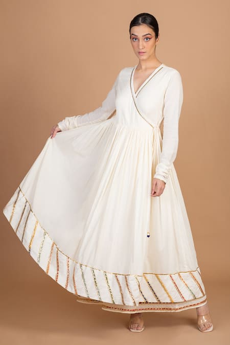 Buy_Kalakari By Akanksha_Cream Cotton, Kota Doria Patti, Placement Embroidered Angrakha Sharara Set _Online_at_Aza_Fashions