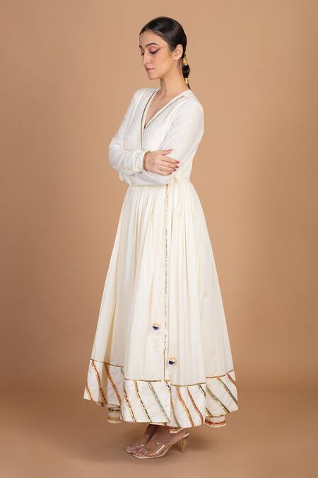 Shop_Kalakari By Akanksha_Cream Cotton, Kota Doria Patti, Placement Embroidered Angrakha Sharara Set _Online_at_Aza_Fashions