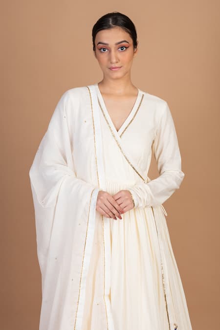 Kalakari By Akanksha_Cream Cotton, Kota Doria Patti, Placement Embroidered Angrakha Sharara Set _at_Aza_Fashions
