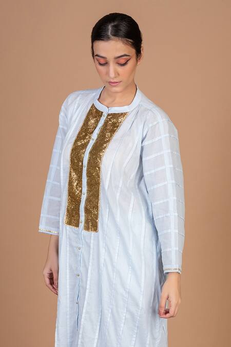 Kalakari By Akanksha_Blue Cotton Gota Patti Round Neck Work Placket Kurta With Pant _Online_at_Aza_Fashions
