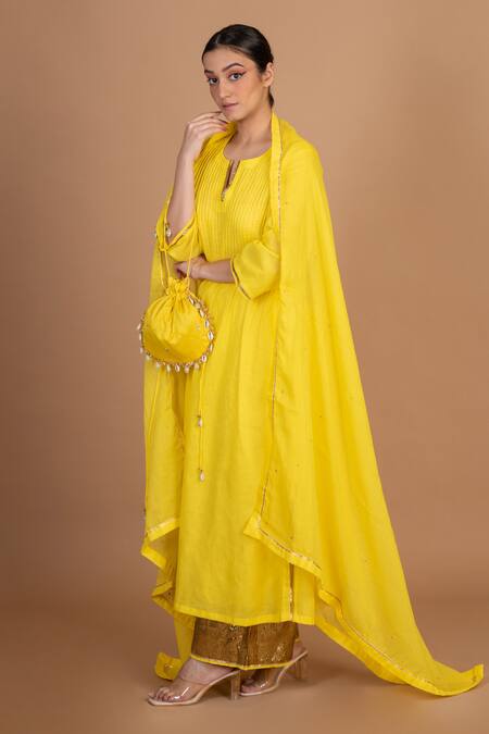 Buy_Kalakari By Akanksha_Yellow Cotton Round Neck Pintuck Pattern Kurta Palazzo Set _Online_at_Aza_Fashions
