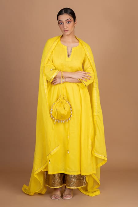Shop_Kalakari By Akanksha_Yellow Cotton Round Neck Pintuck Pattern Kurta Palazzo Set _Online_at_Aza_Fashions
