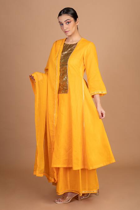 Buy_Kalakari By Akanksha_Orange Cotton, Kota Doria Patti Round Neck Work Placket Kurta Sharara Set _Online_at_Aza_Fashions