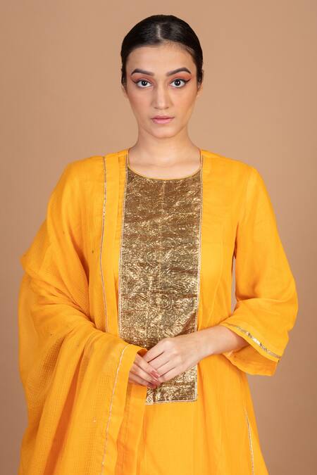 Shop_Kalakari By Akanksha_Orange Cotton, Kota Doria Patti Round Neck Work Placket Kurta Sharara Set _Online_at_Aza_Fashions