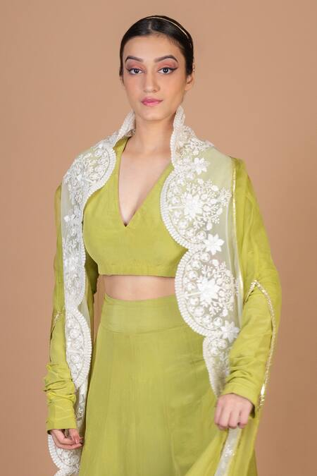 Kalakari By Akanksha_Green Cotton, Silk Embroidery V-neck Scallop Cape Skirt Set _Online_at_Aza_Fashions