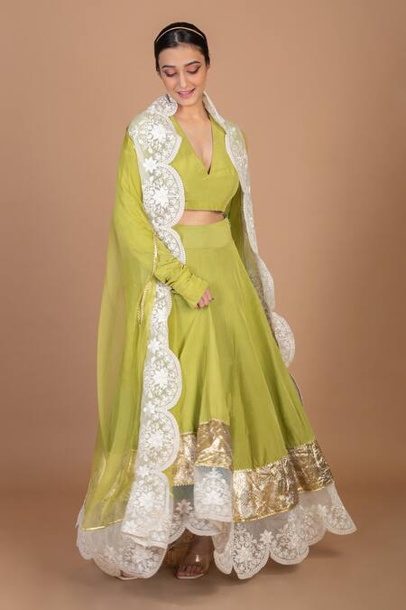 Buy_Kalakari By Akanksha_Green Cotton, Silk Embroidery V-neck Scallop Cape Skirt Set _Online_at_Aza_Fashions