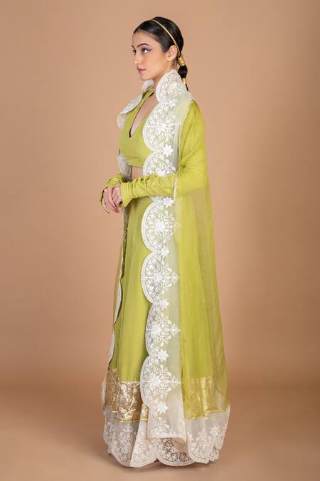 Shop_Kalakari By Akanksha_Green Cotton, Silk Embroidery V-neck Scallop Cape Skirt Set _Online_at_Aza_Fashions