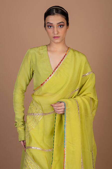 Buy_Kalakari By Akanksha_Green Cotton, Silk Gota Patti V-neck Floral Scallop Embroidered Lehenga Set _Online_at_Aza_Fashions