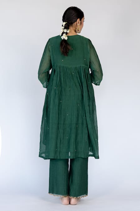 Nirjara_Chanderi , Embroidery, Zari V-neck Farah Yoke Kurta And Pant Set _at_Aza_Fashions