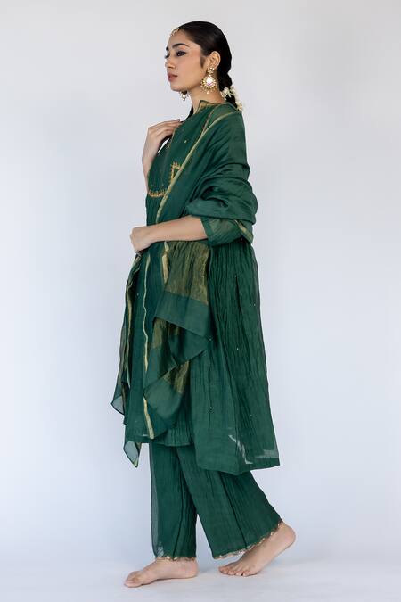 Shop_Nirjara_Cotton, Cotton, Embroidery V-neck Farah Yoke Kurta Pant Set _Online_at_Aza_Fashions