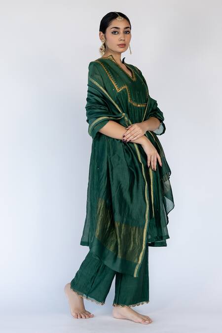 Nirjara_Cotton, Cotton, Embroidery V-neck Farah Yoke Kurta Pant Set _at_Aza_Fashions