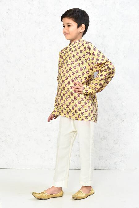 Shop_Samyukta Singhania_Yellow Cotton Printed Floral Kurta _Online_at_Aza_Fashions