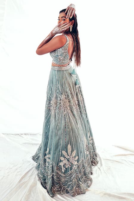 Shop_Payal & Zinal_Blue Organza Sequins, Marmoris Sunburst Embellished Lehenga With Blouse _at_Aza_Fashions