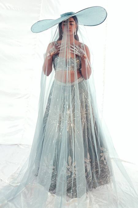 Payal & Zinal_Blue Organza Sequins, Marmoris Sunburst Embellished Lehenga With Blouse _Online_at_Aza_Fashions