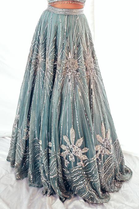 Payal & Zinal_Blue Organza Sequins, Marmoris Sunburst Embellished Lehenga With Blouse _at_Aza_Fashions