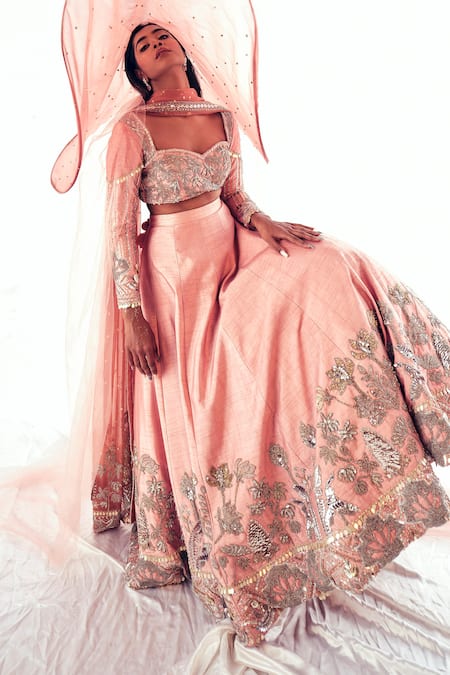 Payal & Zinal_Pink Silk, Organza Sequins, Crystals Phoenix Floral Embellished Lehenga Set _Online_at_Aza_Fashions