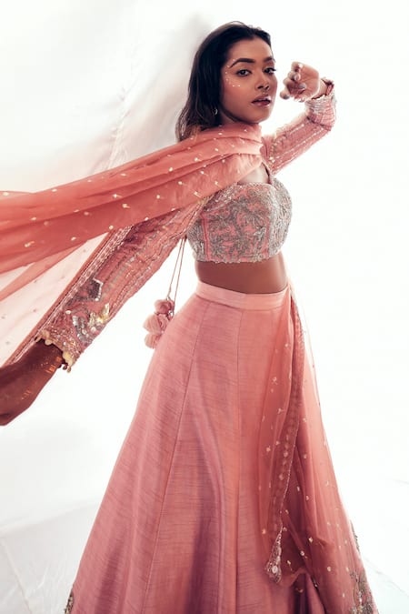 Buy_Payal & Zinal_Pink Silk, Organza Sequins, Crystals Phoenix Floral Embellished Lehenga Set _Online_at_Aza_Fashions