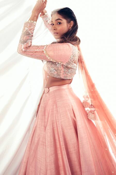 Shop_Payal & Zinal_Pink Silk, Organza Sequins, Crystals Phoenix Floral Embellished Lehenga Set _Online_at_Aza_Fashions