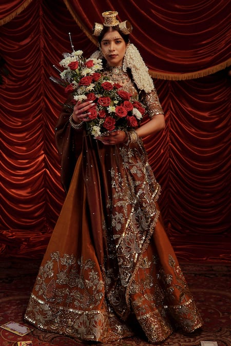 Buy Payal & Zinal Brown Silk, Organza, Georgette Rani Floral Embellished Bridal Lehenga Set Online at Aza Fashions Buy_Payal & Zinal_Brown Silk, Organza, Georgette Rani Floral Embellished Bridal Lehenga Set _Online_at_Aza_Fashions