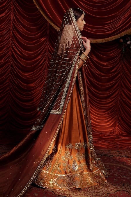 Shop Payal & Zinal Brown Silk, Organza, Georgette Rani Floral Embellished Bridal Lehenga Set Online at Aza Fashions Shop_Payal & Zinal_Brown Silk, Organza, Georgette Rani Floral Embellished Bridal Lehenga Set _Online_at_Aza_Fashions