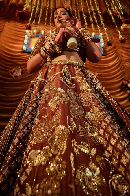 Payal & Zinal Brown Silk, Georgette, Organza Taj Cutdana Embroidered Bridal Lehenga Set Online at Aza Fashions Payal & Zinal_Brown Silk, Georgette, Organza Taj Cutdana Embroidered Bridal Lehenga Set _Online_at_Aza_Fashions