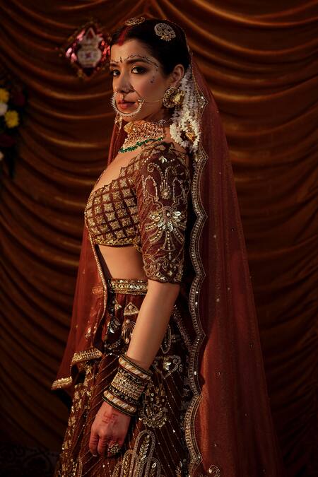 Payal & Zinal Brown Silk, Georgette, Organza Taj Cutdana Embroidered Bridal Lehenga Set at Aza Fashions Payal & Zinal_Brown Silk, Georgette, Organza Taj Cutdana Embroidered Bridal Lehenga Set _at_Aza_Fashions