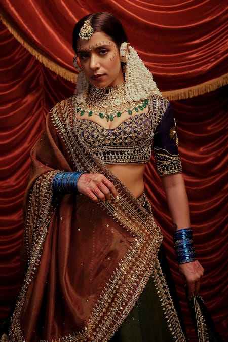 Buy_Payal & Zinal_Green Gabardine, Georgette Vadhu Blossom Embroidered Bridal Lehenga Set _Online_at_Aza_Fashions