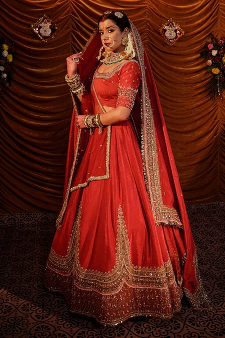 Red Classy Designer Indian and Pakistani wedding long Trail lehenga with  crop top and Embellishment -